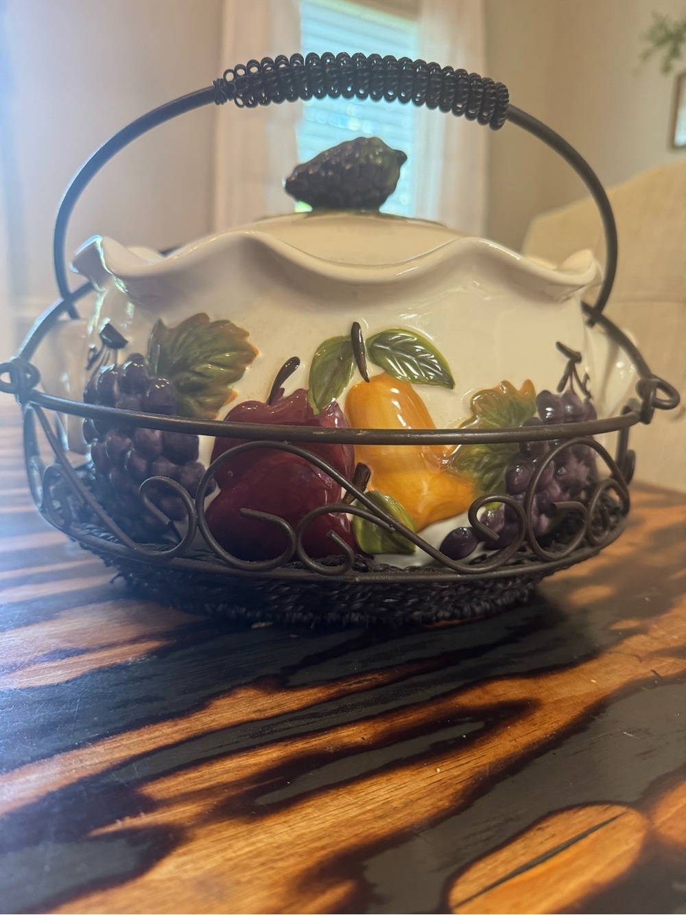 White Ceramic Fruit-Decor Serving Bowl with Metal Basket - White